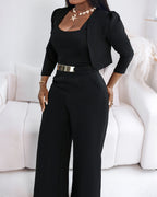 A 2-piece square neck jumpsuit with a crop cardigan, both in matching fabric.