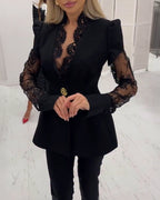 V-Neck Puff Sleeve A-Line Blazer with delicate eyelash lace trim detailing.