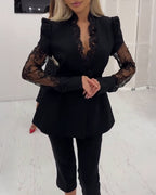 V-Neck Puff Sleeve A-Line Blazer with Eyelash Lace Trim and black pants.