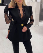 V-Neck Puff Sleeve A-Line Blazer with eyelash lace trim and sheer lace puff sleeves.