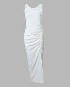 Side Slit Sleeveless Ribbed Maxi Dress with Drawstring Ruching