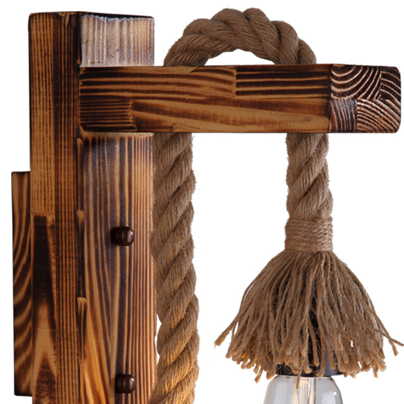 Koadclo | Wood Wall Mounted Light – Industrial Brown Rectangular Rope Light Fixture
