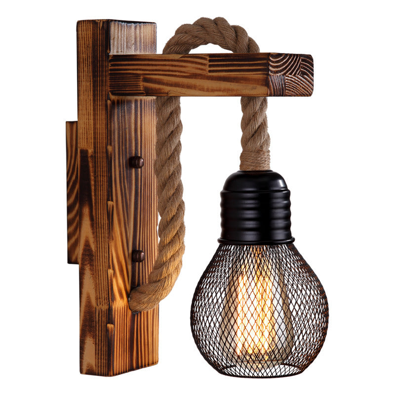 Koadclo | Wood Wall Mounted Light – Industrial Brown Rectangular Rope Light Fixture