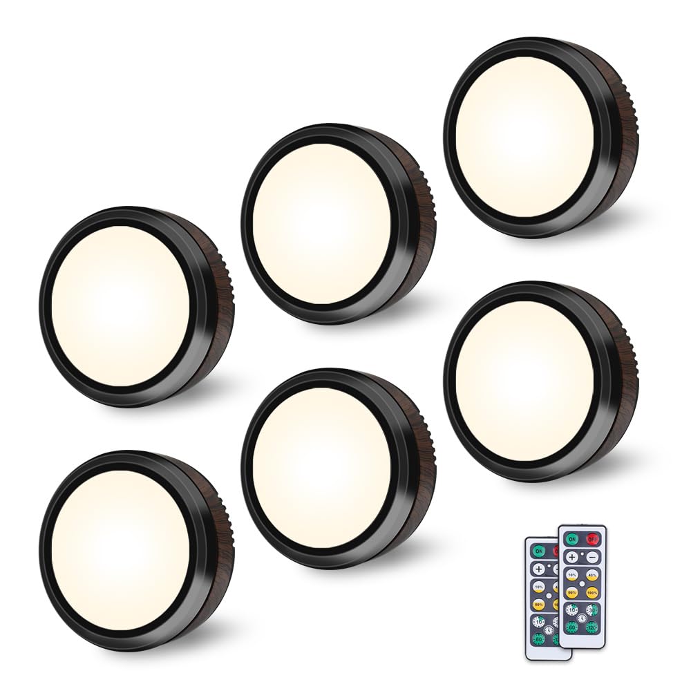 Koadclo | Remote Control LED Puck Light – Dimmable Battery-Operated Under Cabinet Light, 6 Pack Natural White
