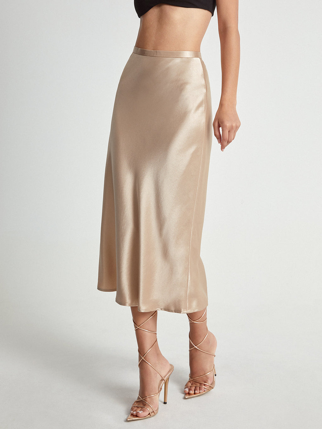 High Waisted Satin Flowy Midi Skirt with Elastic Waistband
