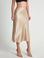 High Waisted Satin Flowy Midi Skirt with Elastic Waistband