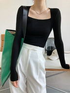 Square Neck Solid Long Sleeve Shirt Casual Everyday Wear