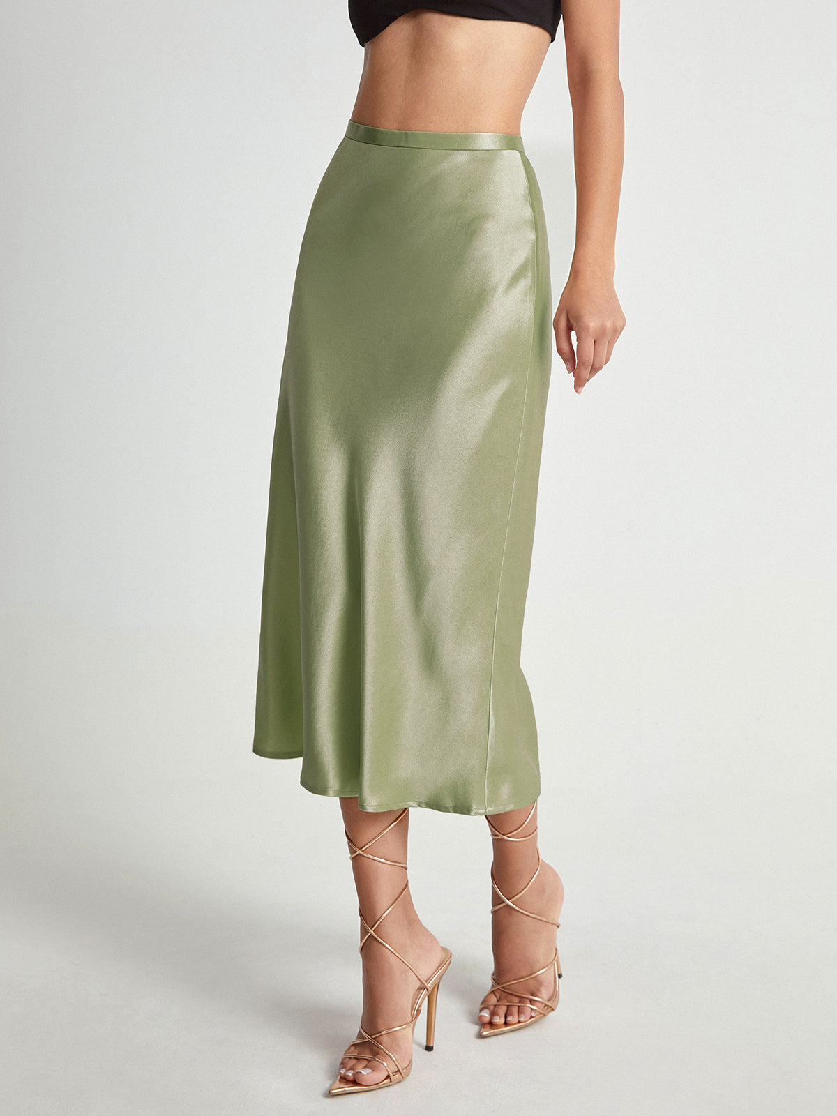 High Waisted Satin Flowy Midi Skirt with Elastic Waistband
