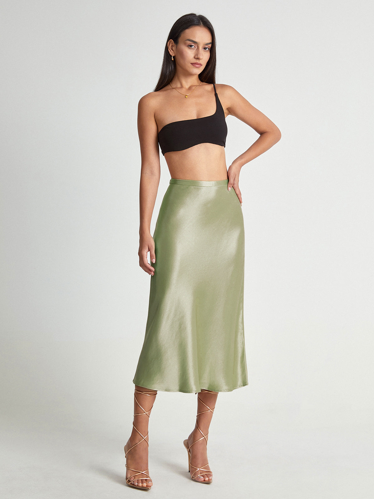 High Waisted Satin Flowy Midi Skirt with Elastic Waistband