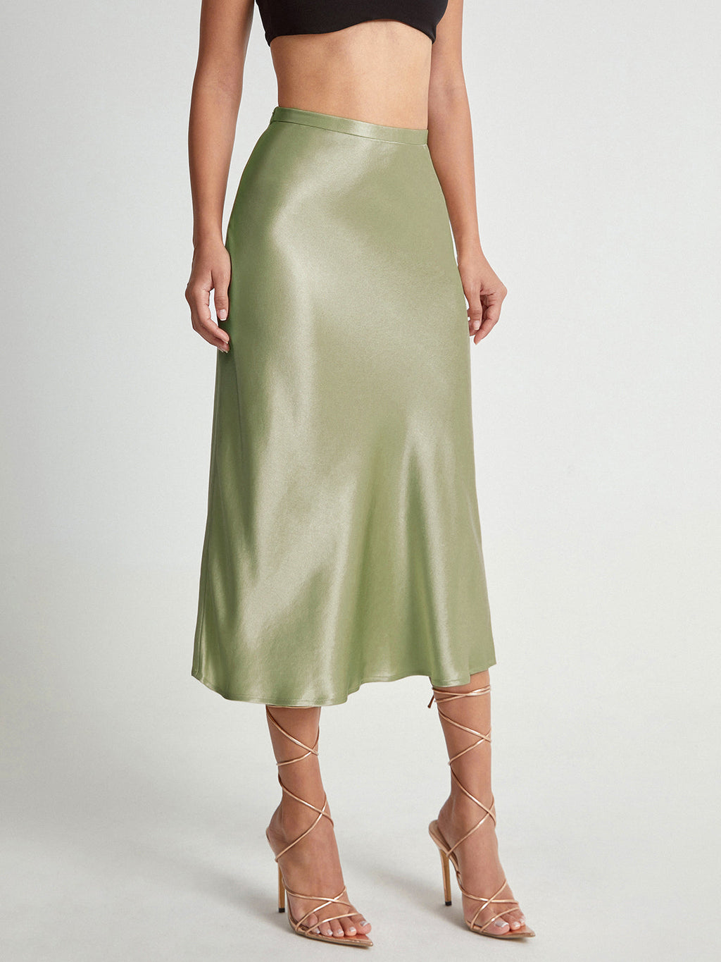 High Waisted Satin Flowy Midi Skirt with Elastic Waistband