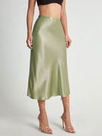 High Waisted Satin Flowy Midi Skirt with Elastic Waistband