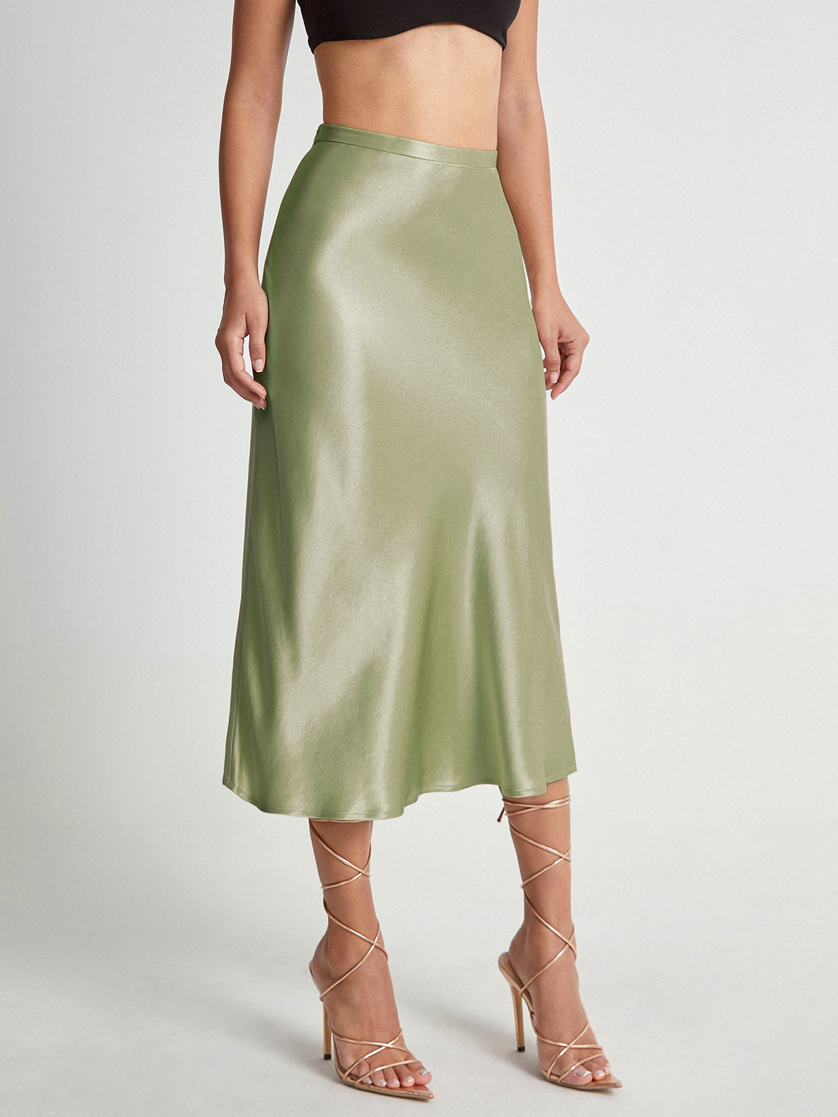 High Waisted Satin Flowy Midi Skirt with Elastic Waistband