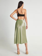 High Waisted Satin Flowy Midi Skirt with Elastic Waistband