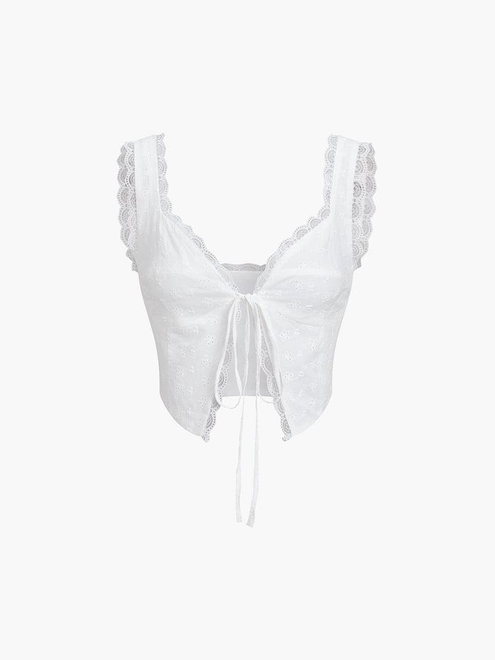 Fly Away Tie Front Eyelet Lace Trim Crop Top for Women, Summer Casual Fashion