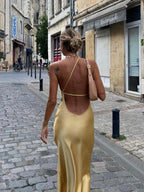 Moonlight Open Back Satin Slit Long Dress for Elegant Evenings