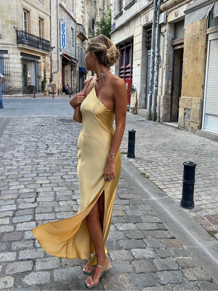 Moonlight Open Back Satin Slit Long Dress for Elegant Evenings