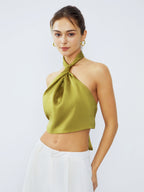 Halter Neck Twist Open Back Satin Crop Top for Women Perfect for Evening Events