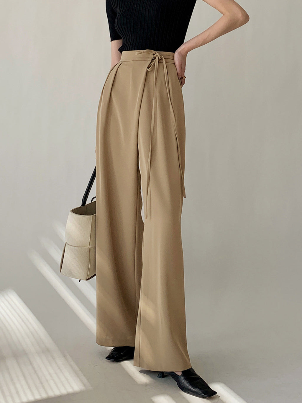 Tie Waist Flowy Wide Leg Dress Pants with High Waistband and Pockets