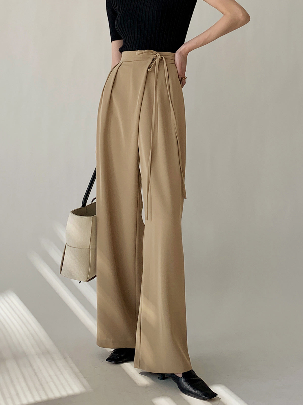 Tie Waist Flowy Wide Leg Dress Pants with High Waistband and Pockets