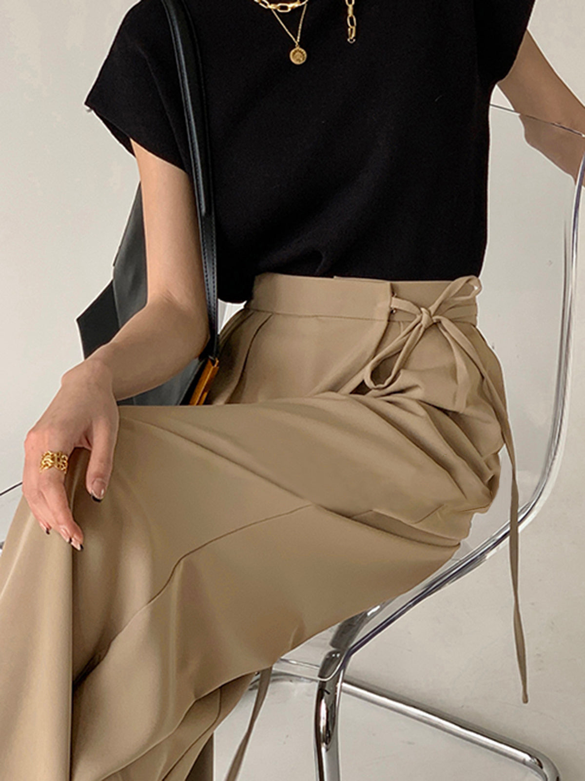 Tie Waist Flowy Wide Leg Dress Pants with High Waistband and Pockets