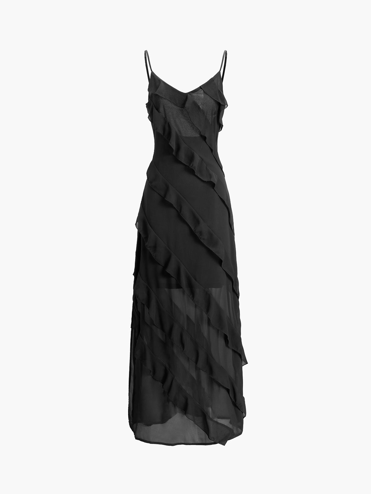 Semi-Sheer Ladder Ruffle Zippered Long Dress with Elegant Flowing Skirt