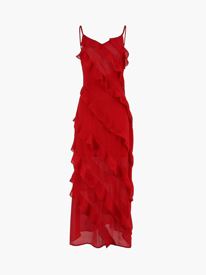 Semi-Sheer Ladder Ruffle Zippered Long Dress with Elegant Flowing Skirt