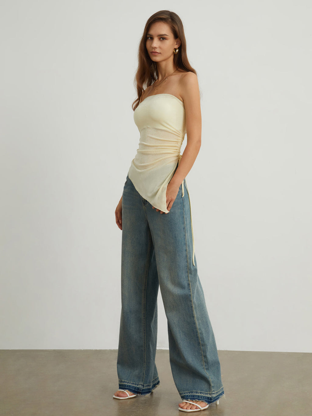 Sheer Drawstring Mesh Cover Up Tube Top with Matching Bottoms