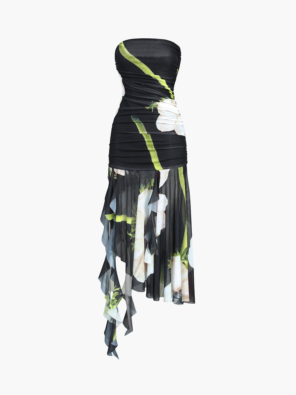 Gardenia Floral Mesh Pleat Tube Midi Dress Elegant Spring Wedding Outfit