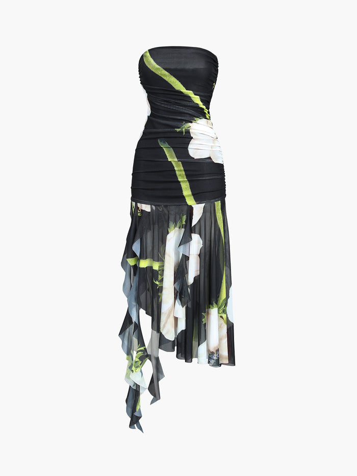 Gardenia Floral Mesh Pleat Tube Midi Dress Elegant Spring Wedding Outfit