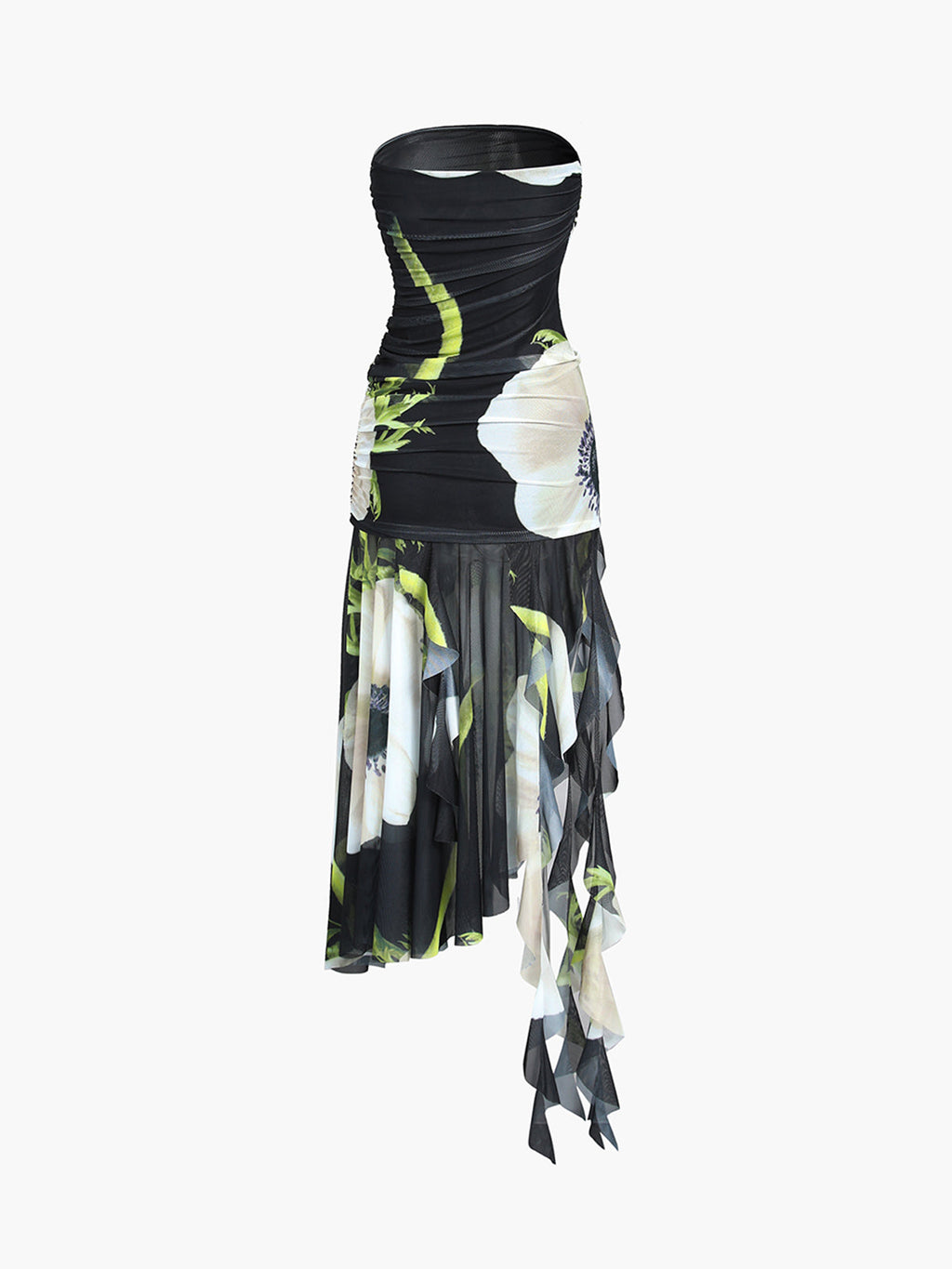 Gardenia Floral Mesh Pleat Tube Midi Dress Elegant Spring Wedding Outfit