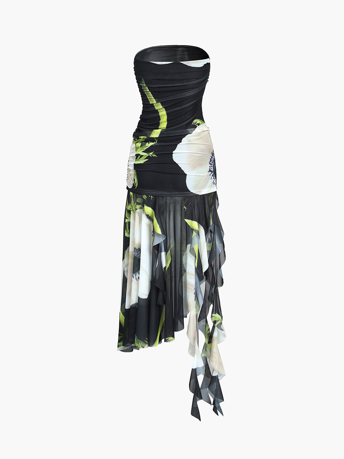 Gardenia Floral Mesh Pleat Tube Midi Dress Elegant Spring Wedding Outfit