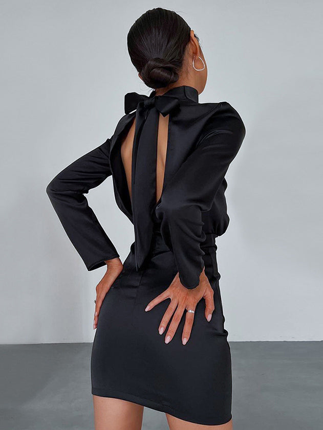 Satin Mock Neck Tie Back Short Dress for Evening Parties