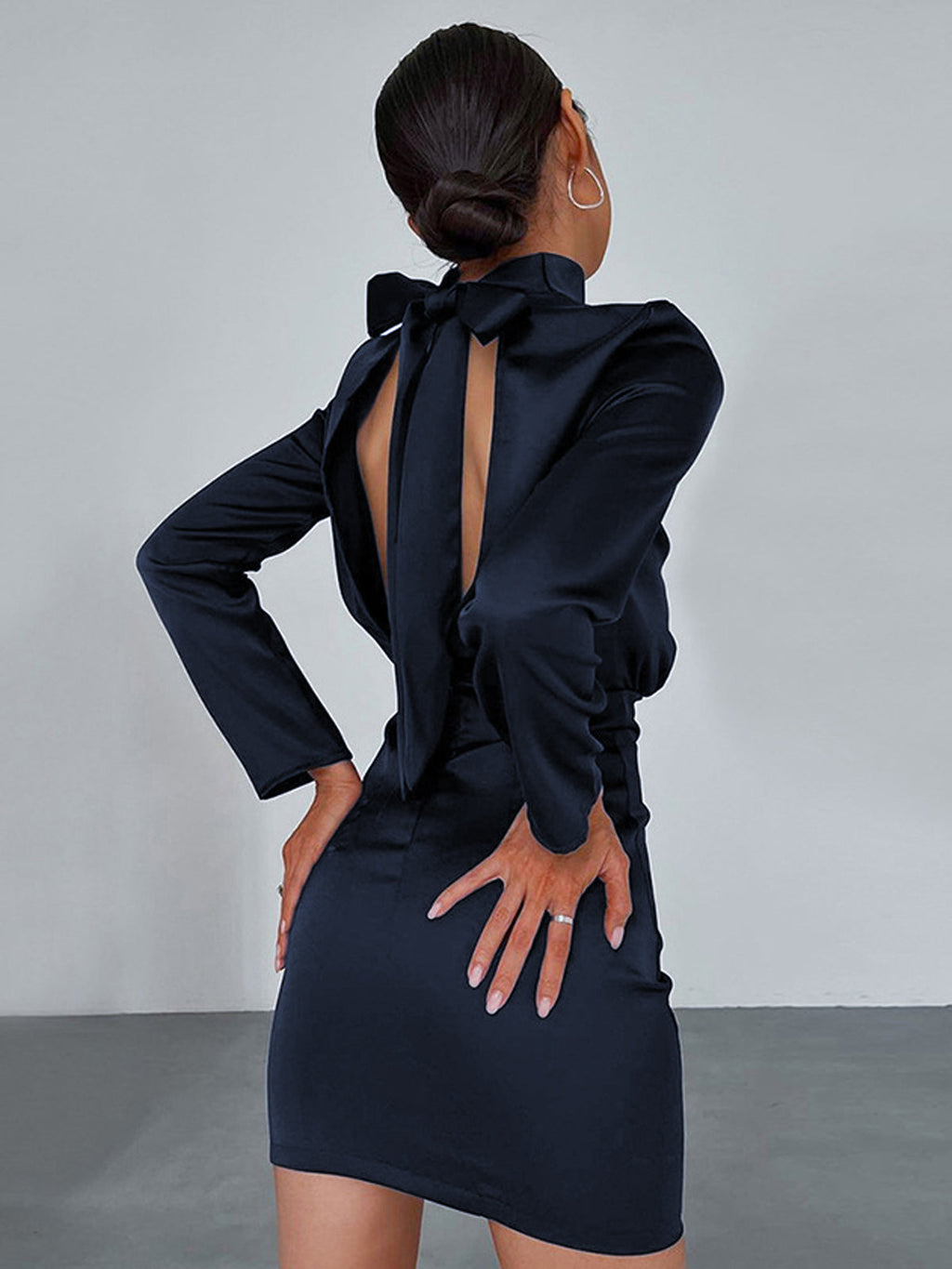 Satin Mock Neck Tie Back Short Dress for Evening Parties