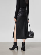 Faux Leather Ruched Slit Midi Skirt Women's Trendy Fashion