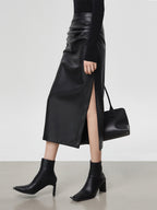 Faux Leather Ruched Slit Midi Skirt Women's Trendy Fashion