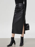 Faux Leather Ruched Slit Midi Skirt Women's Trendy Fashion