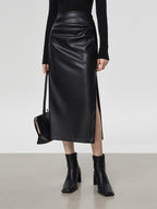 Faux Leather Ruched Slit Midi Skirt Women's Trendy Fashion