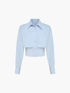 Baby Blue Open Collar Double Layer Crop Shirt for Women, Casual Summer Style