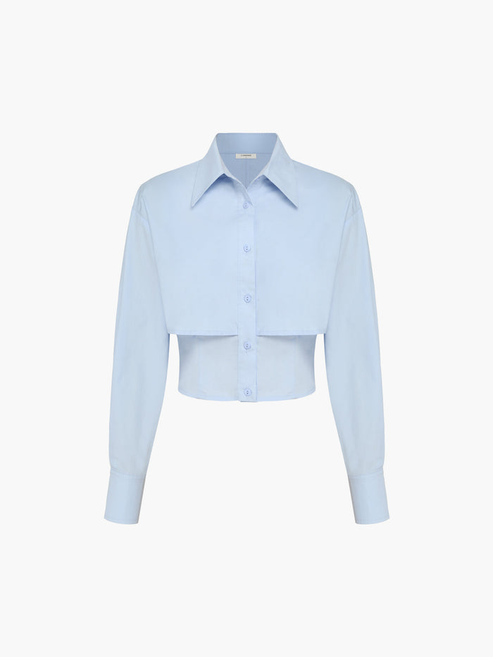 Baby Blue Open Collar Double Layer Crop Shirt for Women, Casual Summer Style