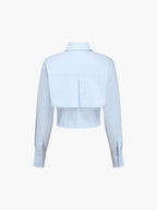 Baby Blue Open Collar Double Layer Crop Shirt for Women, Casual Summer Style