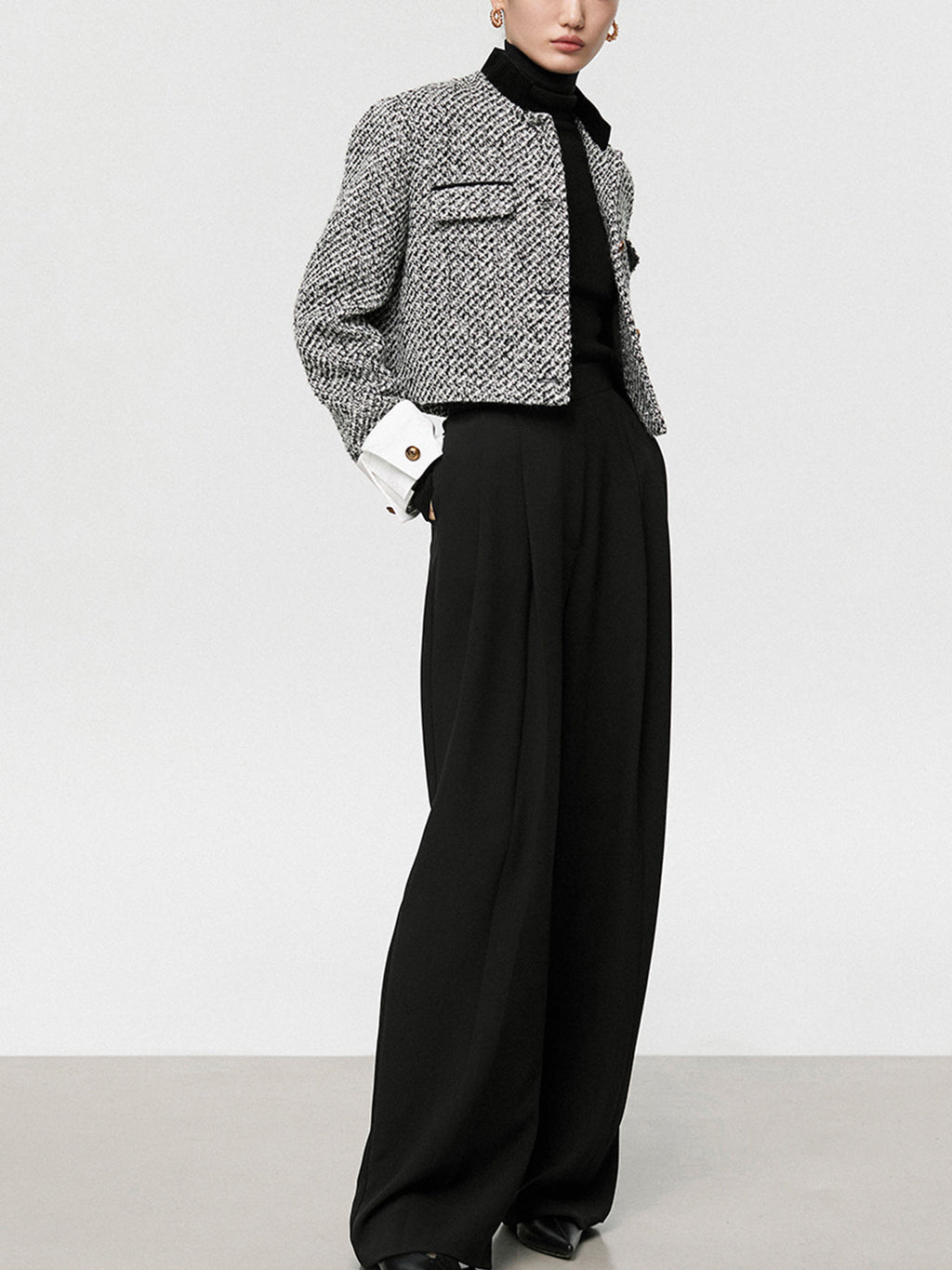 Tweed Boucle Crop Blazer for Women with Button Details