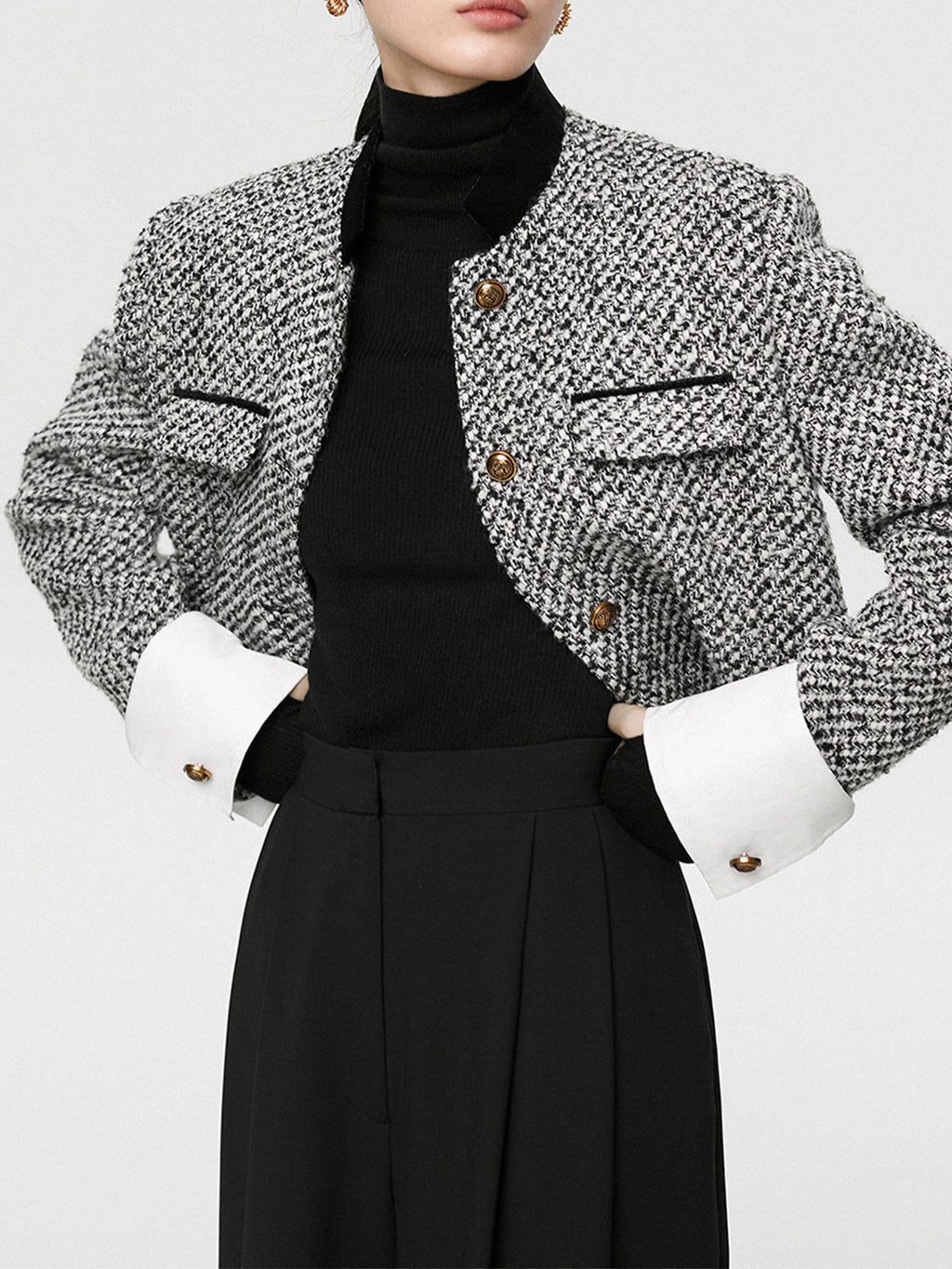Tweed Boucle Crop Blazer for Women with Button Details