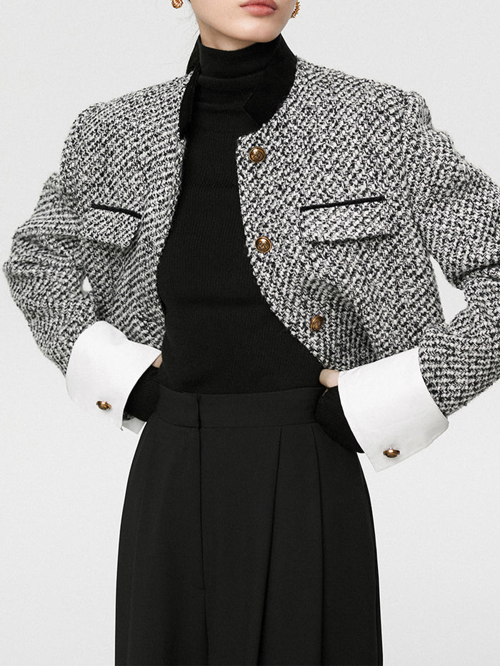 Tweed Boucle Crop Blazer for Women with Button Details