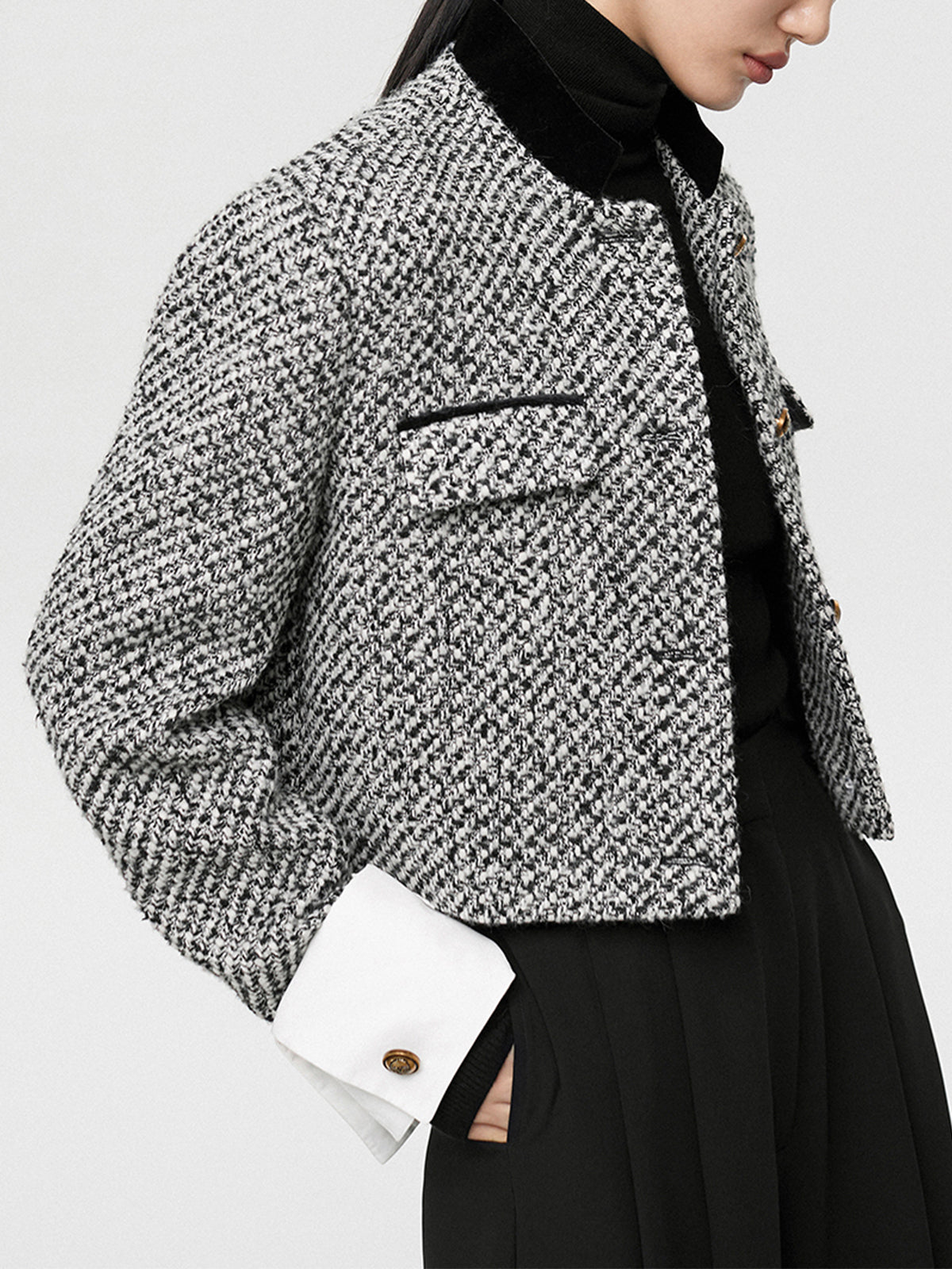 Tweed Boucle Crop Blazer for Women with Button Details