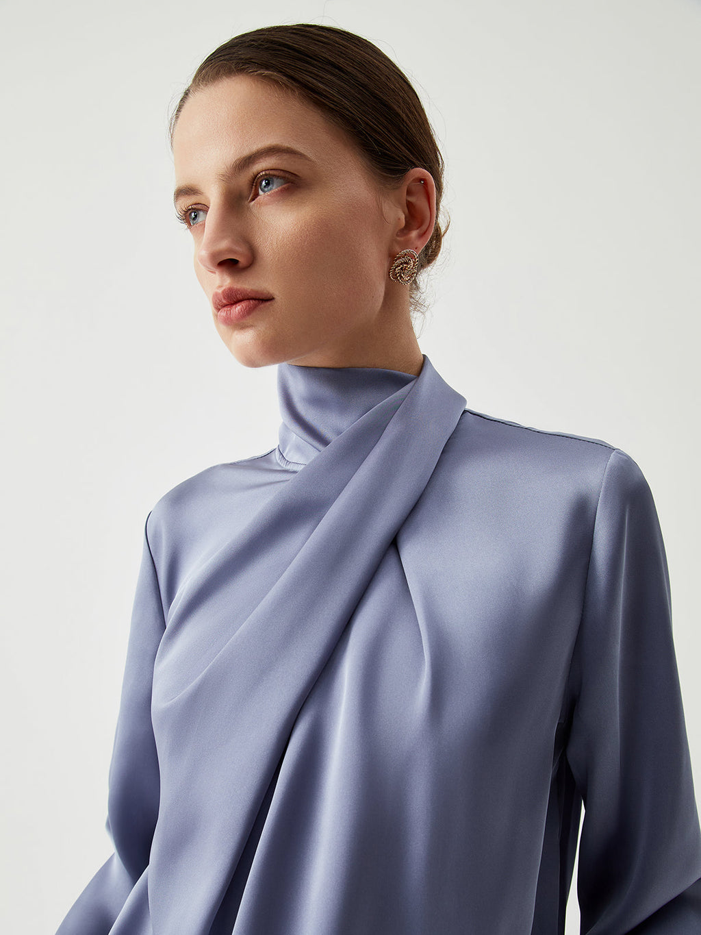 Asymmetric Pleated Turtleneck Satin Blouse Elegant Women's Fashion Top