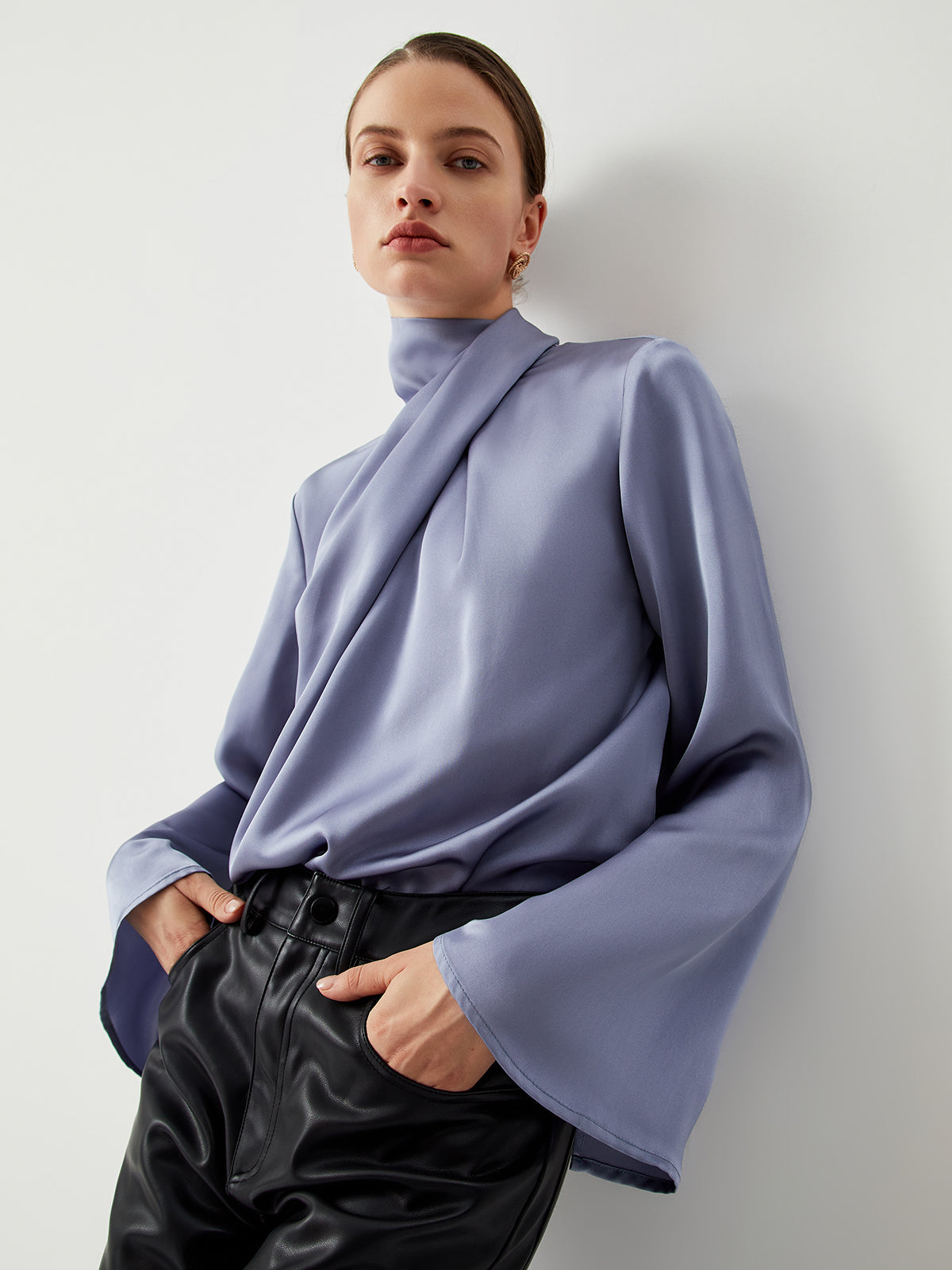 Asymmetric Pleated Turtleneck Satin Blouse Elegant Women's Fashion Top