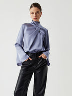 Asymmetric Pleated Turtleneck Satin Blouse Elegant Women's Fashion Top