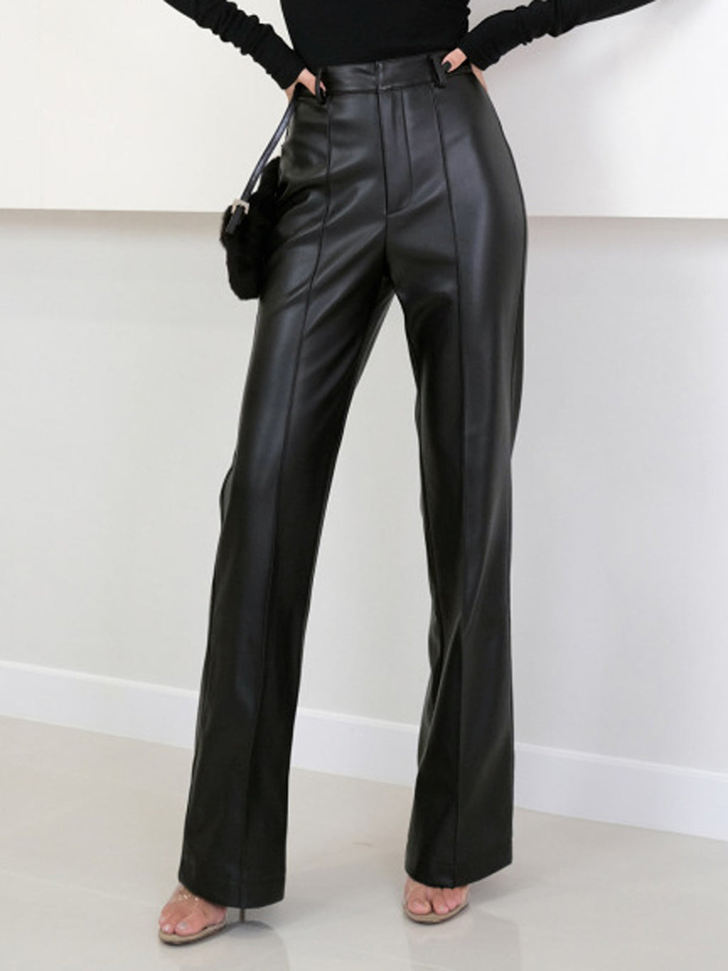High Waist Faux Leather Pants with Elastic Waistband