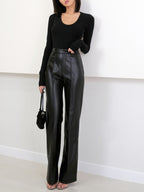 High Waist Faux Leather Pants with Elastic Waistband