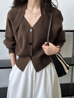 Patchwork V-neck Button Sweater Cozy Knit Winter Fashion